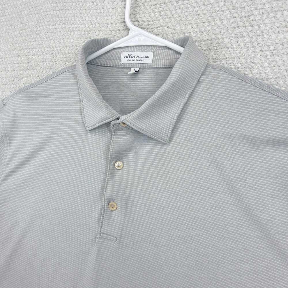 Peter Millar Summer Comfort Golf Polo Mens L Gray Stripe Meijer LPGA Classic